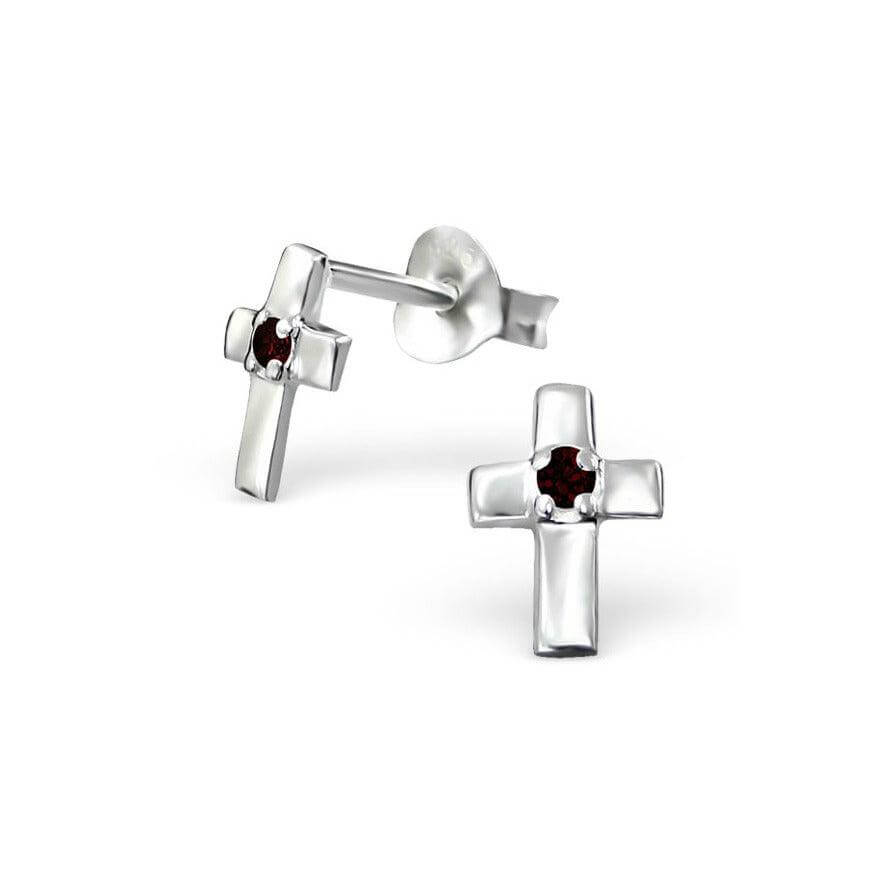 Cross Earrings with Garnet CZ Baby Children Earrings - Trendolla Jewelry