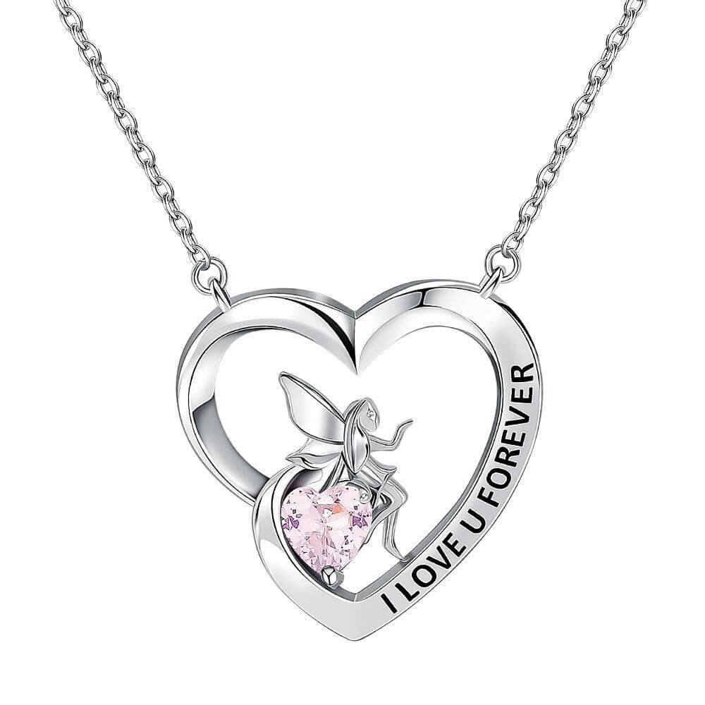 I Love U Forever Pendant Necklace with Angel and Love Heart Rose Quartz Birthstone - Trendolla Jewelry