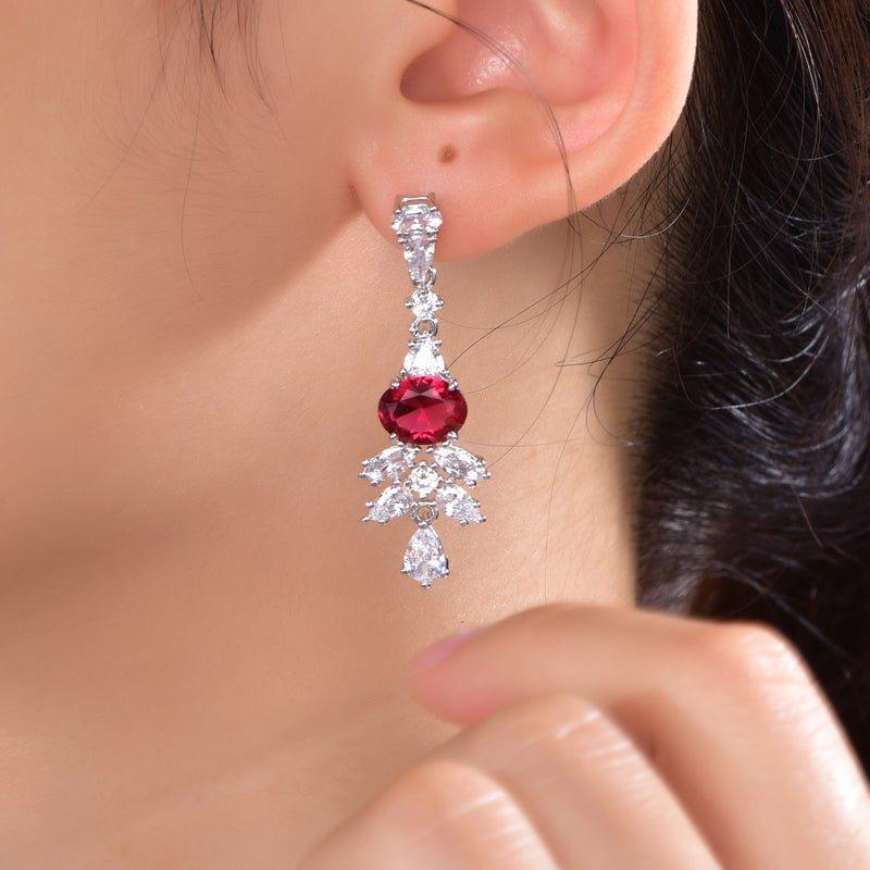 Two Tone Ruby Round Cut Drop Earrings In Sterling Silver - Trendolla Jewelry